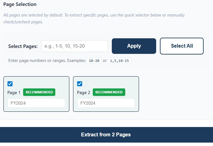 Page selection interface showing recommended pages to extract